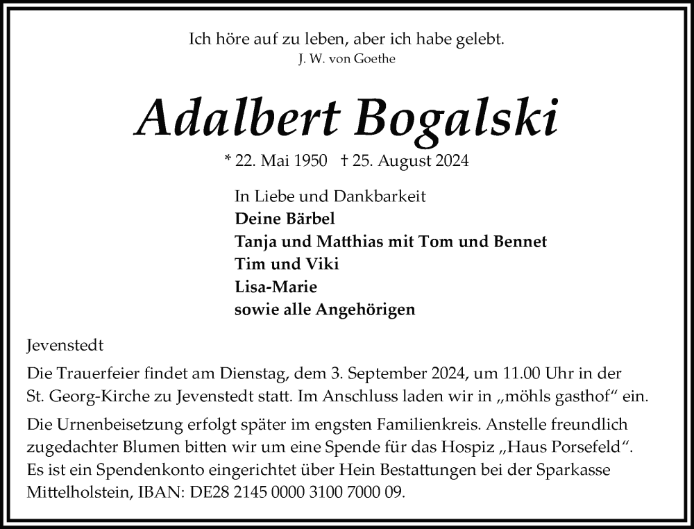  Traueranzeige für Adalbert Bogalski vom 28.08.2024 aus Schleswig-Holsteinische Landeszeitung