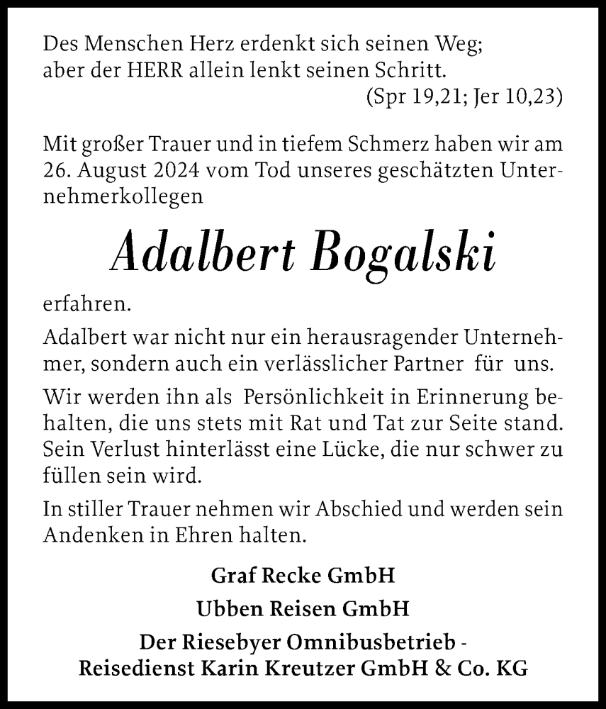  Traueranzeige für Adalbert Bogalski vom 28.08.2024 aus Schleswig-Holsteinische Landeszeitung