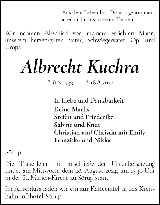 Traueranzeige von Albrecht Kuchra von Flensburger Tageblatt