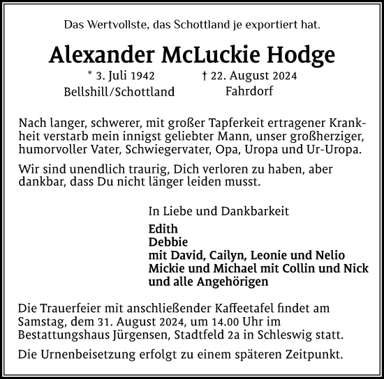 Traueranzeige von Alexander McLuckie Hodge von Schleswiger Nachrichten, Schlei-Bote