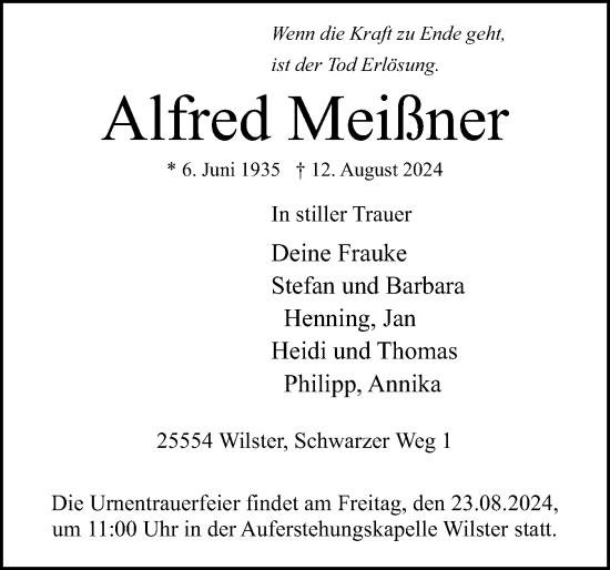 Traueranzeige von Alfred Meißner von Norddeutsche Rundschau, Wilstersche Zeitung, Glückstädter Fortuna