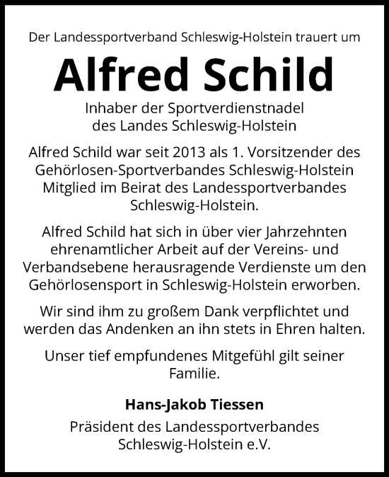 Traueranzeige von Alfred Schild von Schleswiger Nachrichten, Schlei-Bote