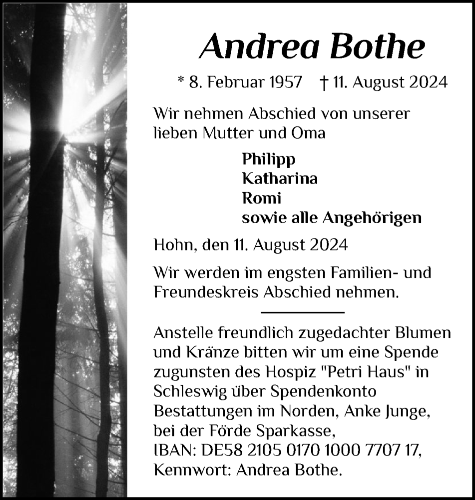  Traueranzeige für Andrea Bothe vom 17.08.2024 aus Schleswig-Holsteinische Landeszeitung