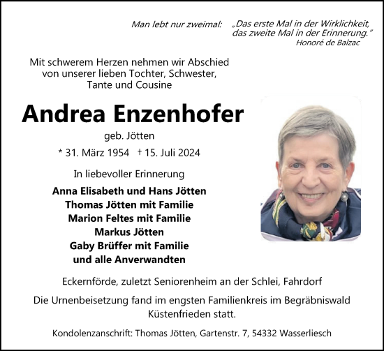 Traueranzeige von Andrea Enzenhofer von Eckernförder Zeitung, Hallo Eckernförde