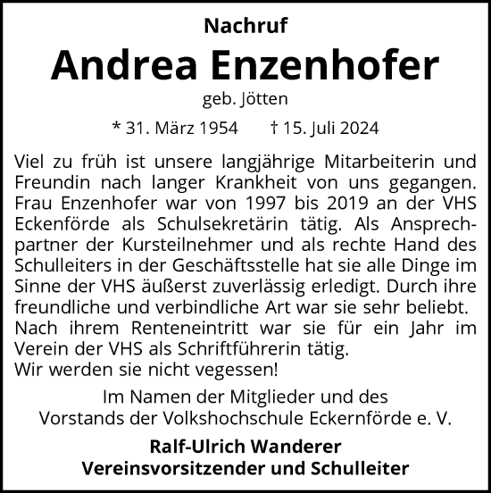 Traueranzeige von Andrea Enzenhofer von Eckernförder Zeitung, Hallo Eckernförde