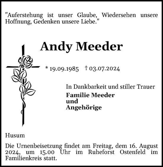 Traueranzeige von Andy Meeder von Husumer Nachrichten, Nordfriesland Tageblatt