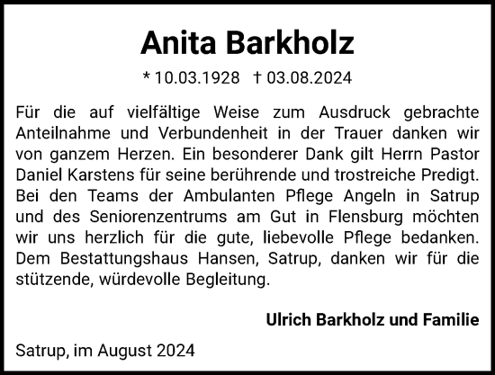 Traueranzeige von Anita Barkholz von Flensburger Tageblatt