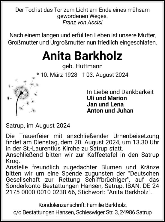 Traueranzeige von Anita Barkholz von Flensburger Tageblatt, Schleswiger Nachrichten, Schlei-Bote