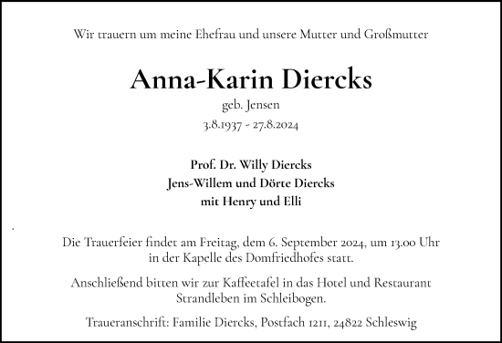 Traueranzeige von Anna-Karin Diercks von Schleswiger Nachrichten, Schlei-Bote