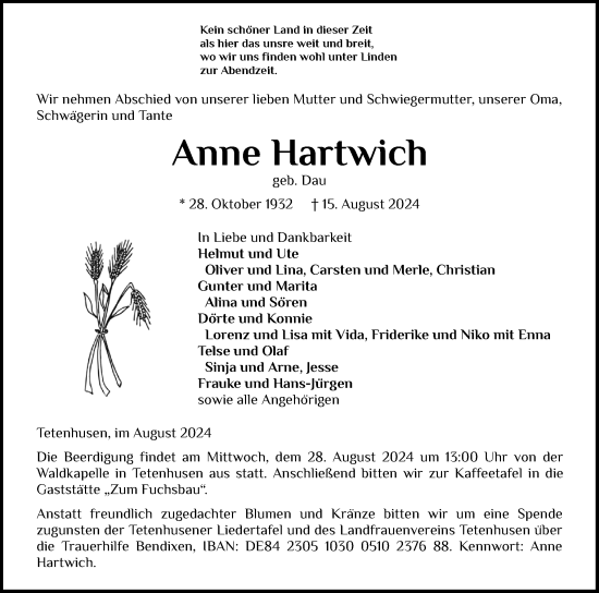 Traueranzeige von Anne Hartwich von Schleswig-Holsteinische Landeszeitung