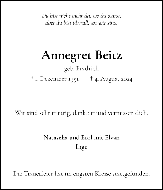 Traueranzeige von Annegret Beitz von Elmshorner Nachrichten, Barmstedter Zeitung