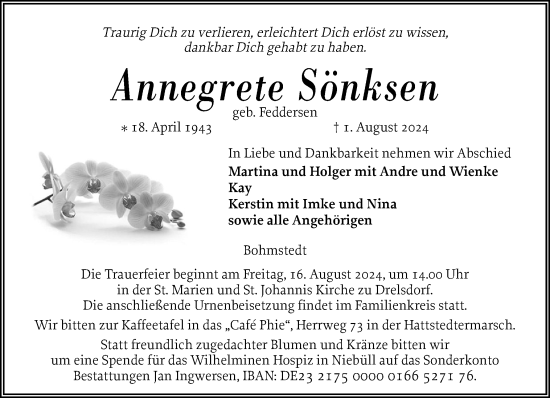 Traueranzeige von Annegrete Sönksen von Husumer Nachrichten, Nordfriesland Tageblatt