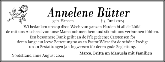 Traueranzeige von Annelene Bütter von Husumer Nachrichten, Nordfriesland Tageblatt