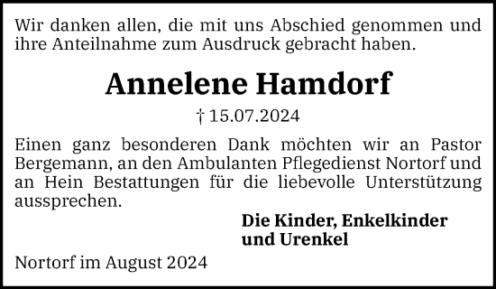 Traueranzeige von Annelene Hamdorf von Schleswig-Holsteinische Landeszeitung