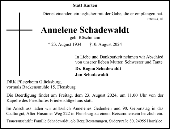 Traueranzeige von Annelene Schadewaldt von Flensburger Tageblatt