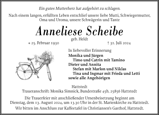 Traueranzeige von Anneliese Scheibe von Husumer Nachrichten, Nordfriesland Tageblatt