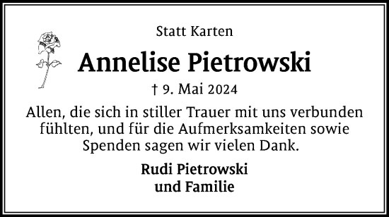 Traueranzeige von Annelise Pietrowski von Schleswiger Nachrichten, Schlei-Bote