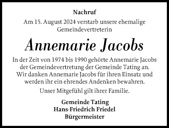 Traueranzeige von Annemarie Jacobs von Husumer Nachrichten, Nordfriesland Tageblatt