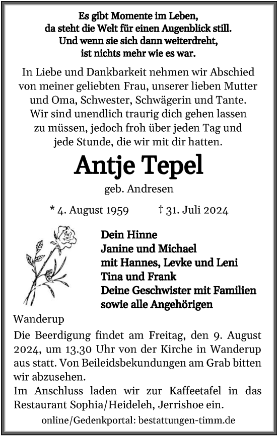 Traueranzeige von Antje Tepel von Flensburger Tageblatt