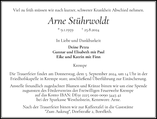 Traueranzeige von Arne Stührwoldt von Norddeutsche Rundschau, Wilstersche Zeitung, Glückstädter Fortuna