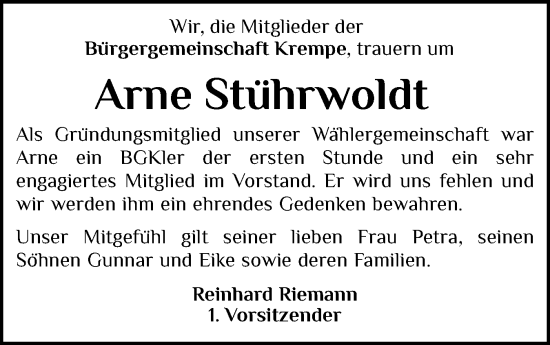 Traueranzeige von Arne Stührwoldt von Region Steinburg-Elmshorn