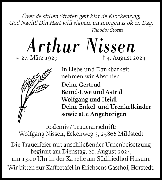 Traueranzeige von Arthur Nissen von Husumer Nachrichten, Nordfriesland Tageblatt