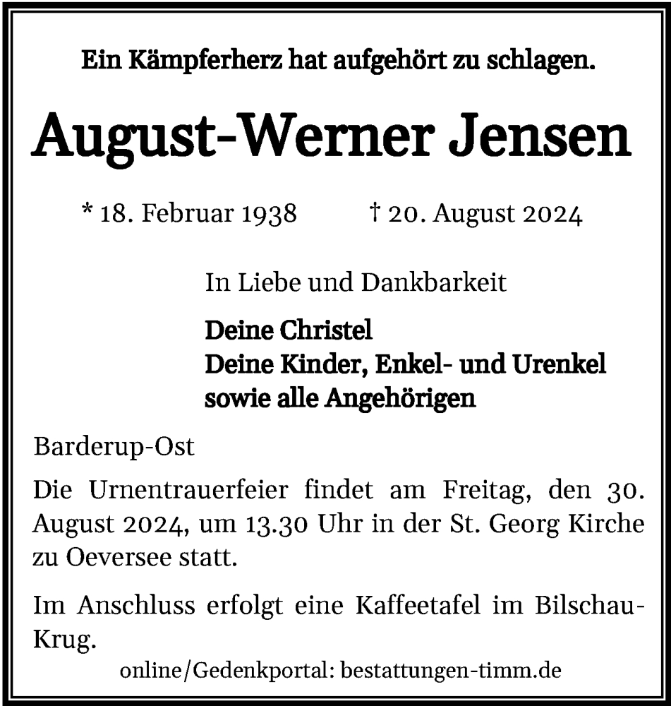  Traueranzeige für August-Werner Jensen vom 24.08.2024 aus Flensburger Tageblatt