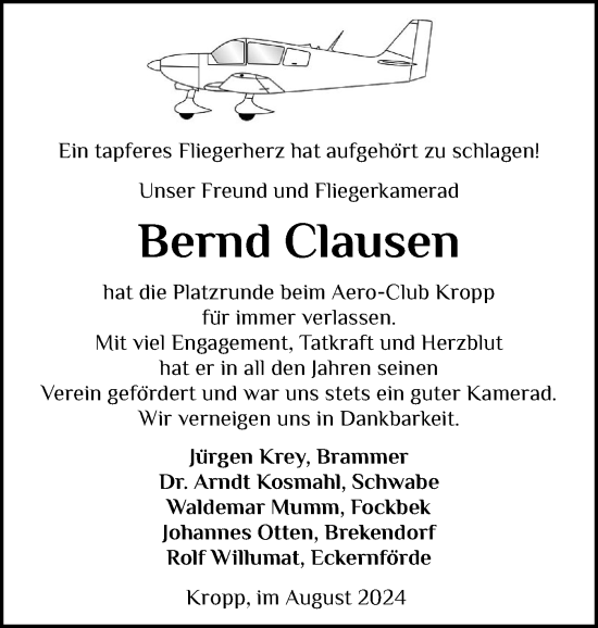 Traueranzeige von Bernd Clausen von Schleswig-Holsteinische Landeszeitung