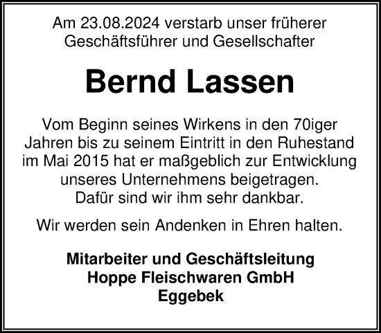 Traueranzeige von Bernd Lassen von Flensburger Tageblatt, Schleswiger Nachrichten, Schlei-Bote