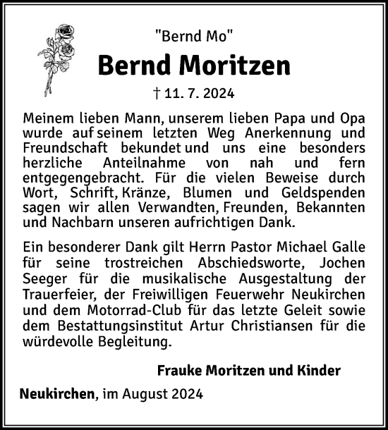 Traueranzeige von Bernd Moritzen von Husumer Nachrichten, Nordfriesland Tageblatt