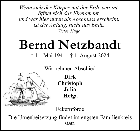 Traueranzeige von Bernd Netzbandt von Eckernförder Zeitung, Hallo Eckernförde