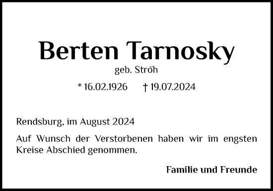 Traueranzeige von Berten Tarnosky von Schleswig-Holsteinische Landeszeitung