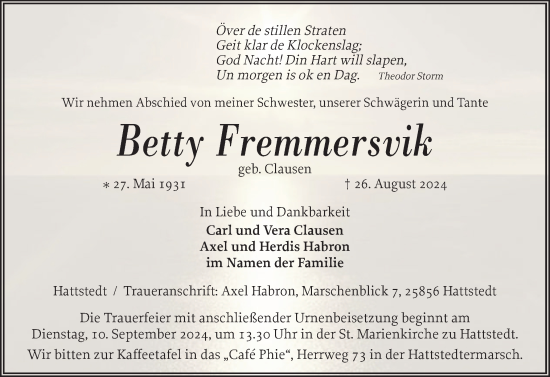 Traueranzeige von Betty Fremmersvik von Husumer Nachrichten, Nordfriesland Tageblatt