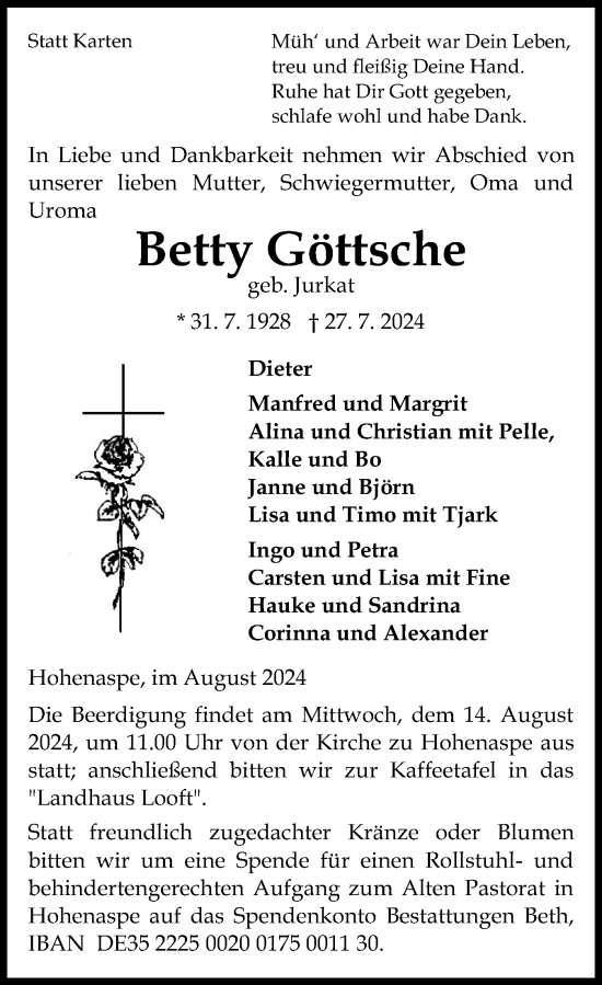 Traueranzeige von Betty Göttsche von Norddeutsche Rundschau, Wilstersche Zeitung, Glückstädter Fortuna