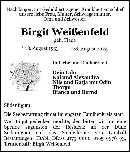 Traueranzeige von Birgit Weißenfeld von Husumer Nachrichten, Nordfriesland Tageblatt