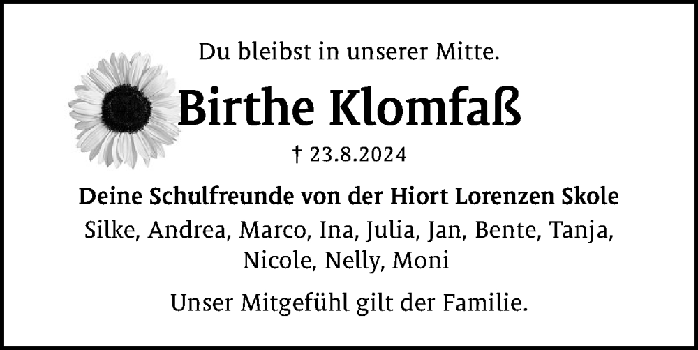  Traueranzeige für Birthe Klomfaß vom 28.08.2024 aus Schleswiger Nachrichten, Schlei-Bote