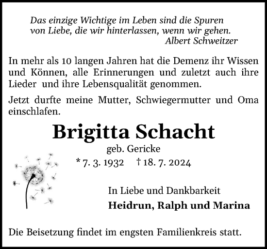 Traueranzeige von Brigitta Schacht von Schleswig-Holsteinische Landeszeitung