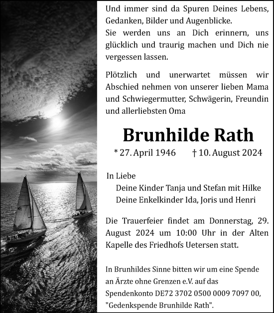 Traueranzeige von Brunhilde Rath von Uetersener Nachrichten, Der tip am Wochenende