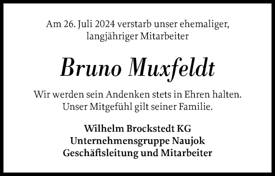 Traueranzeige von Bruno Muxfeldt von Schleswig-Holsteinische Landeszeitung