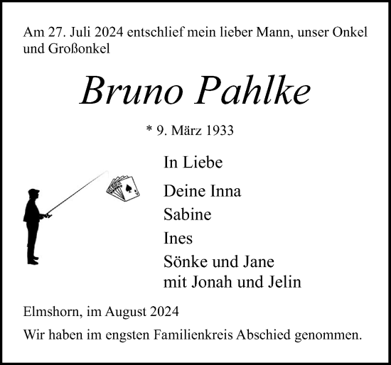 Traueranzeige von Bruno Pahlke von Elmshorner Nachrichten, Barmstedter Zeitung