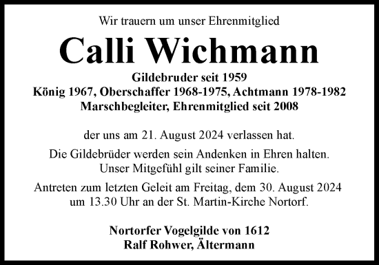 Traueranzeige von Calli Wichmann von Schleswig-Holsteinische Landeszeitung