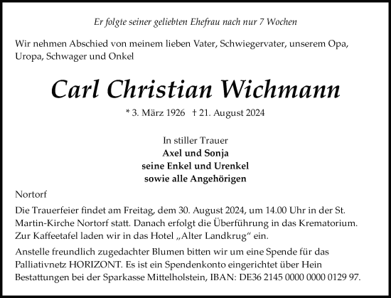 Traueranzeige von Carl Christian  Wichmann von Schleswig-Holsteinische Landeszeitung