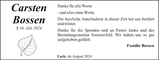 Traueranzeige von Carsten Bossen von Husumer Nachrichten, Nordfriesland Tageblatt