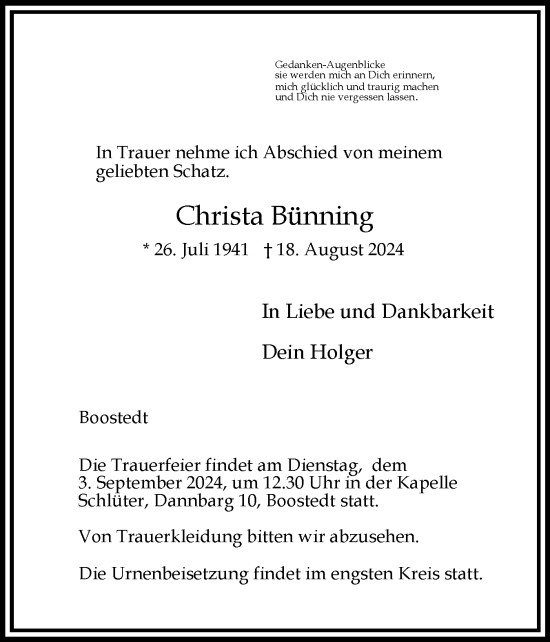 Traueranzeige von Christa Bünning von Holsteinischer Courier