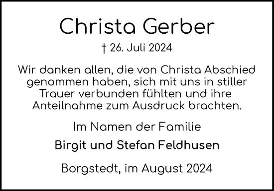 Traueranzeige von Christa Gerber von Schleswig-Holsteinische Landeszeitung