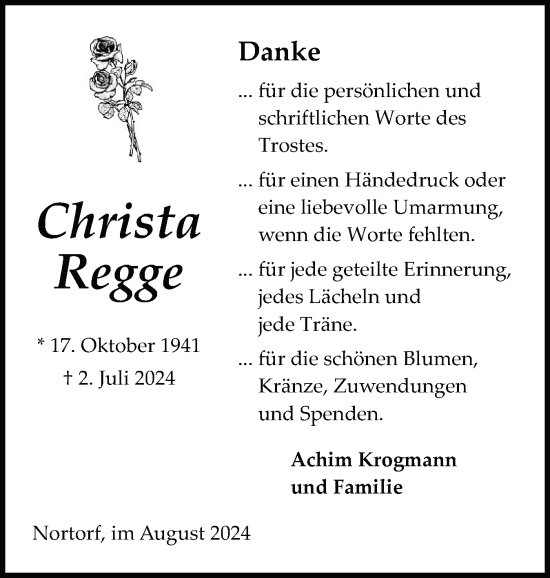 Traueranzeige von Christa Regge von Schleswig-Holsteinische Landeszeitung