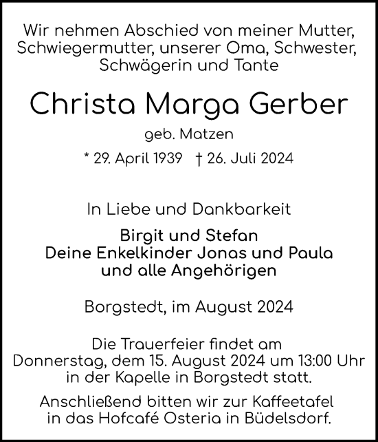 Traueranzeige von Christa Marga Gerber von Schleswig-Holsteinische Landeszeitung