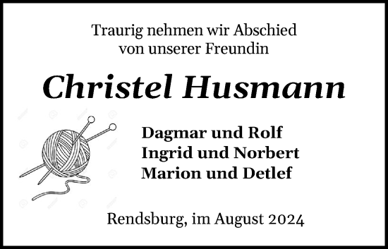 Traueranzeige von Christel Husmann von Schleswig-Holsteinische Landeszeitung