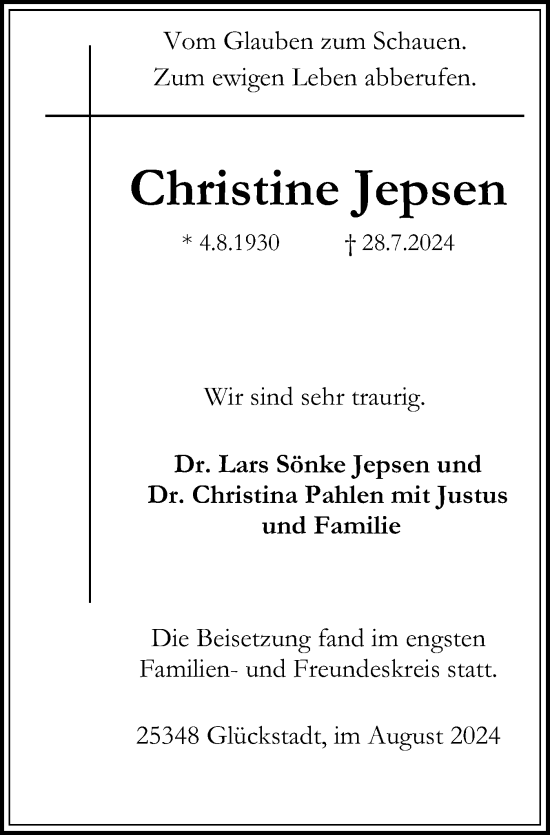 Traueranzeige von Christine Jepsen von Norddeutsche Rundschau, Wilstersche Zeitung, Glückstädter Fortuna