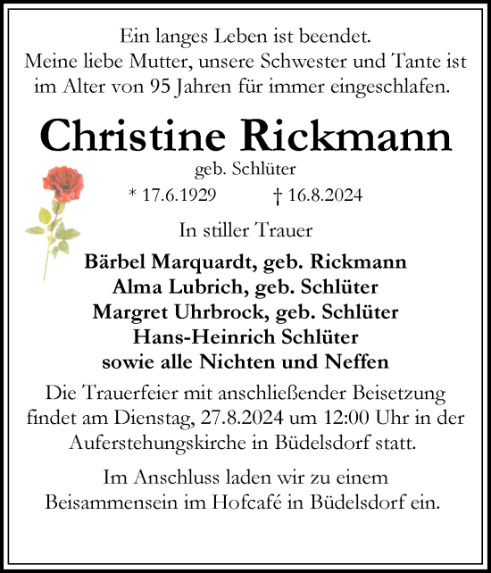 Traueranzeige von Christine Rickmann von Schleswig-Holsteinische Landeszeitung